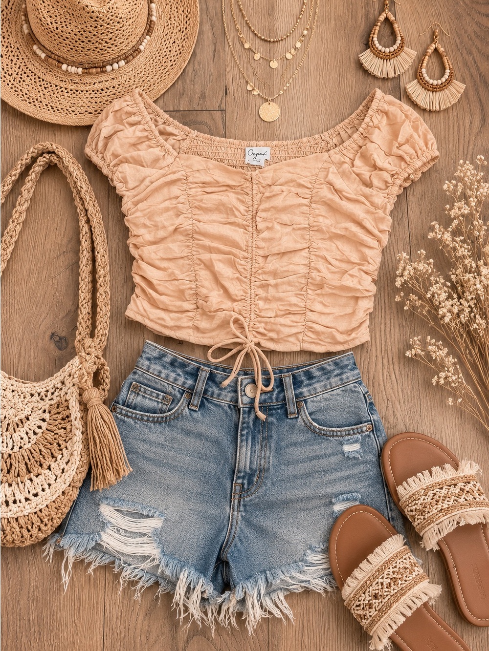 Japna Ruched Tan Crop Top with Drawstring